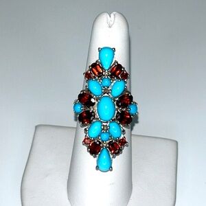 NWOT Genuine Sleeping Beauty Turquoise Red Garnet Sterling Silver Statement Boho